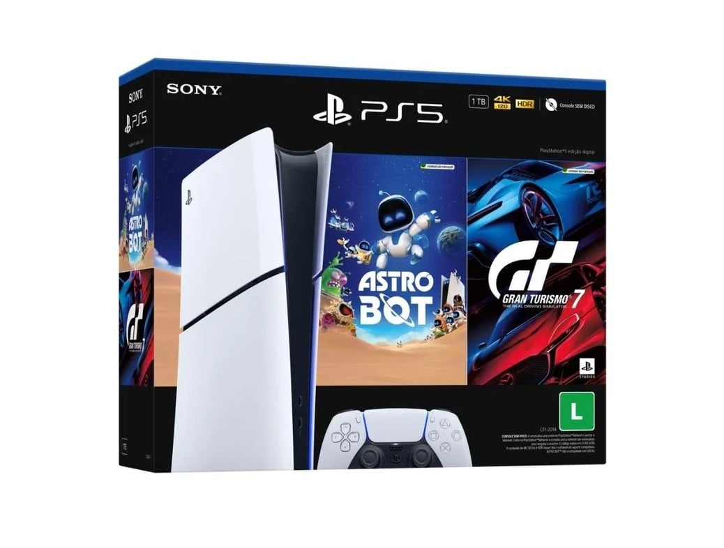 O pacote do PlayStation 5 Slim Digital com Astro Bot e Gran Turismo 7 sai por R$3.559(13% OFF) na promoção