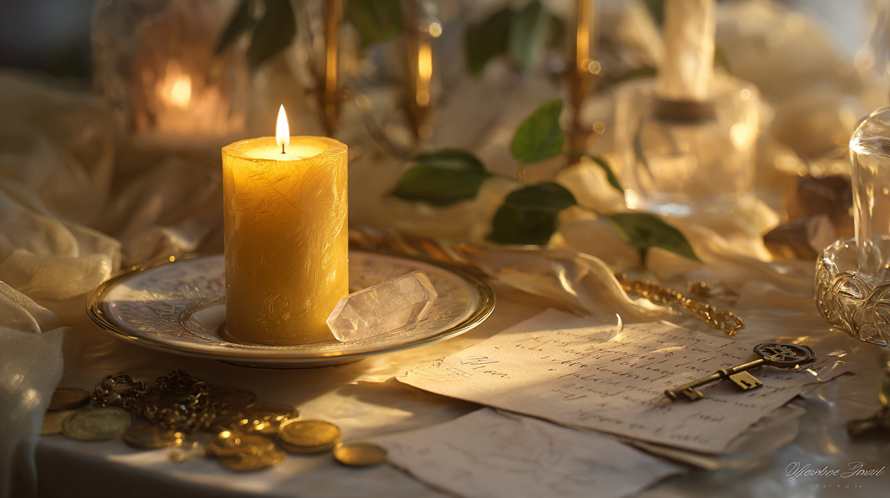 A prática inicia-se escolhendo uma vela dourada, tradicionalmente associada ao ouro, abundância e sucesso