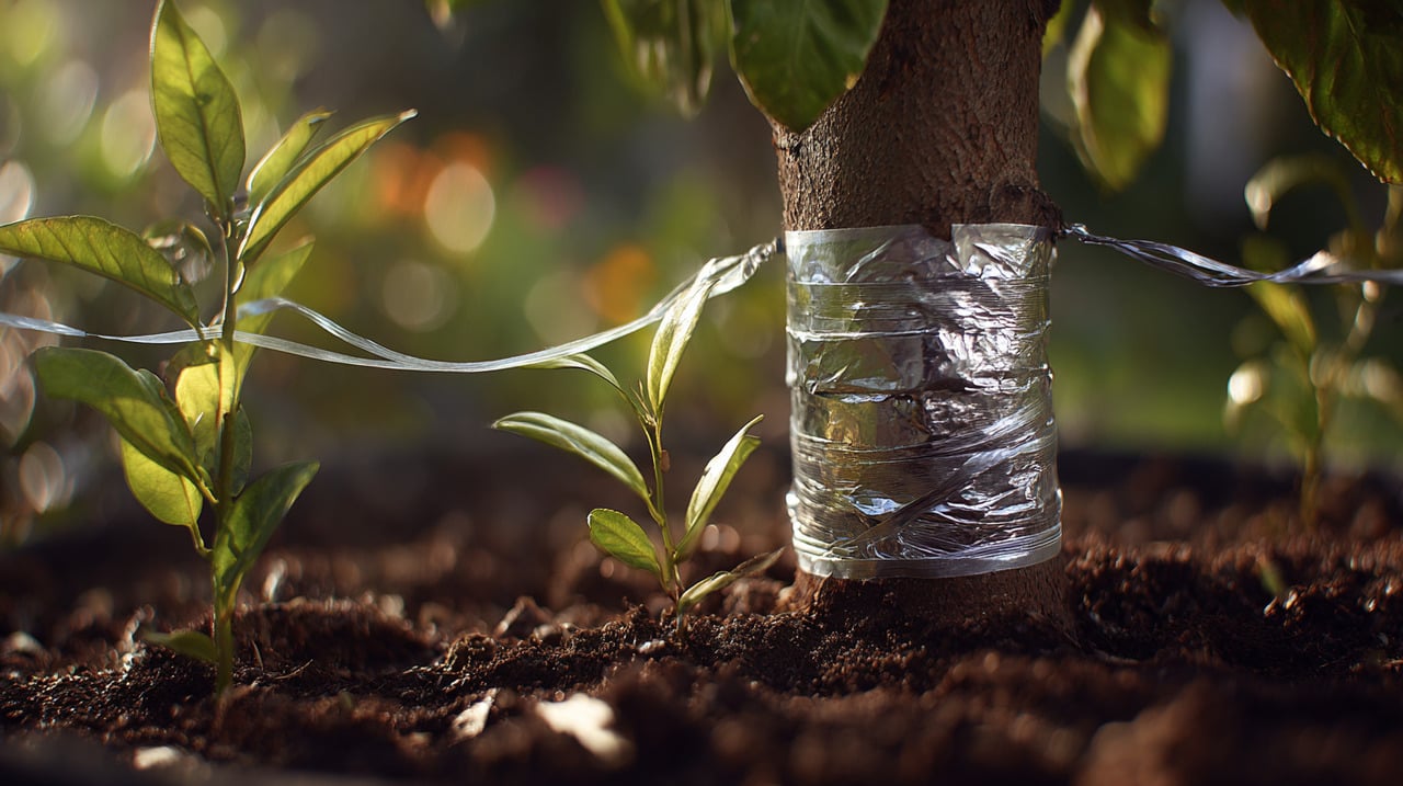 O alumínio funciona como uma barreira física que dificulta o acesso de insetos rastejantes ao tronco ou à base da planta