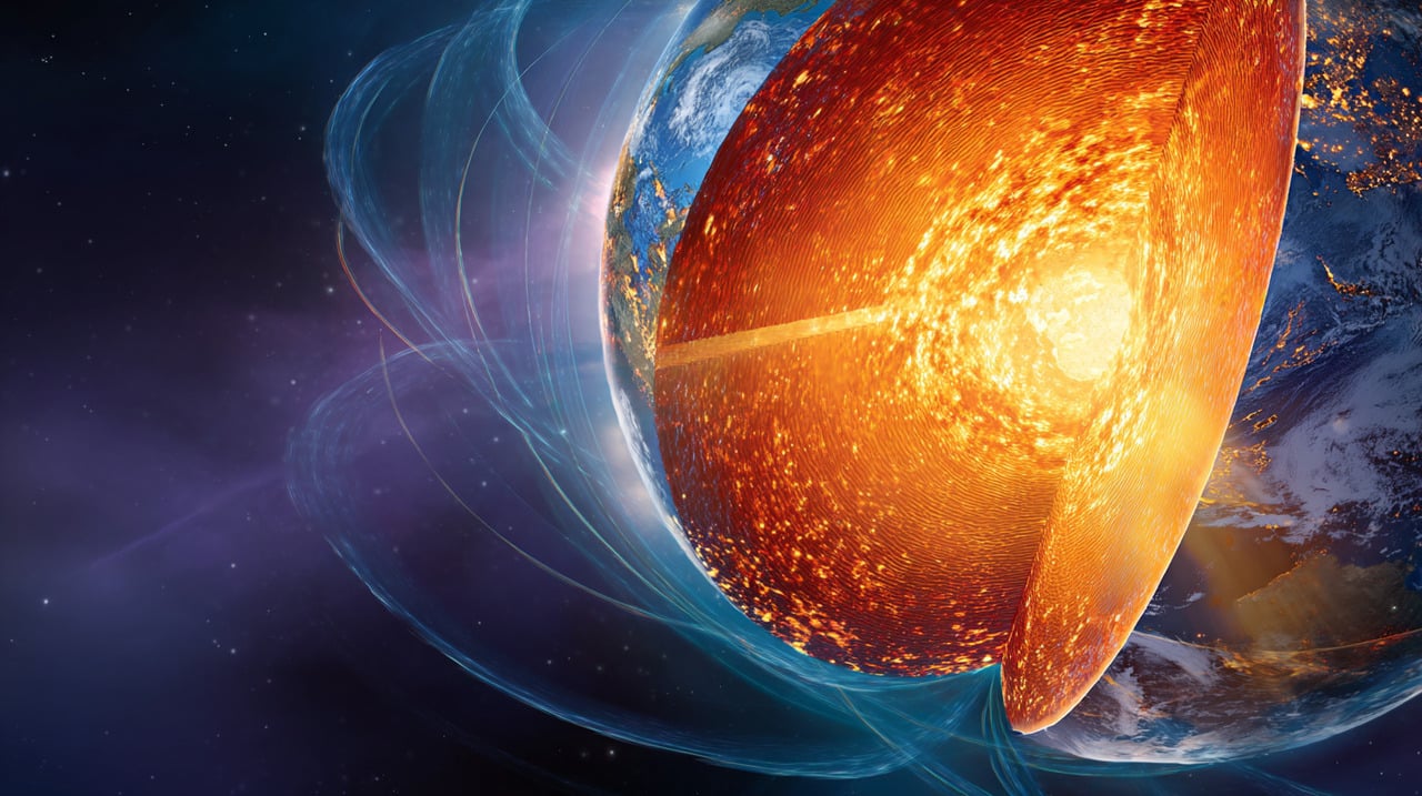 O núcleo da Terra é composto por ferro e níquel sólidos, envoltos por uma camada externa líquida