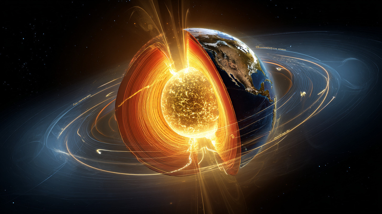 O núcleo da Terra é composto por ferro e níquel sólidos, envoltos por uma camada externa líquida