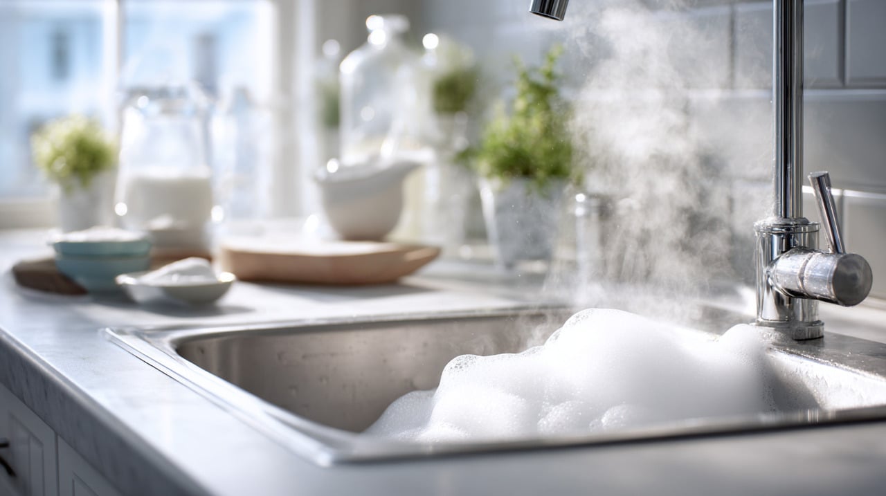 A combinação desses dois componentes cria uma reação química efervescente que quebra gorduras e resíduos acumulados nos canos