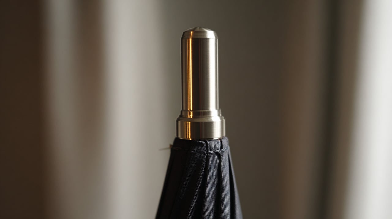 O topo metálico é fixado na parte superior do eixo do guarda-chuva e pode variar em formato