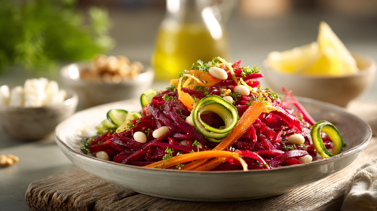 O preparo desta salada nutritiva começa cozinhando a beterraba em panela de pressão até atingir maciez adequada