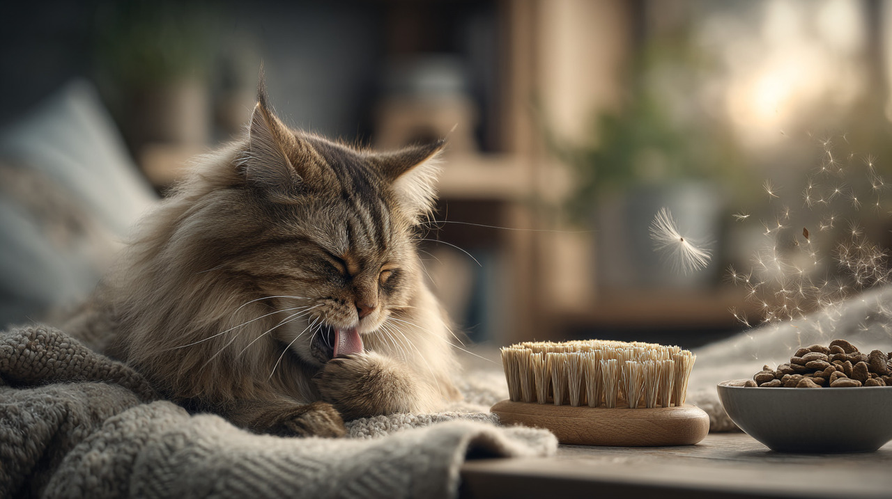 Durante a rotina de autolimpeza, utilizando a língua áspera, o felino remove objetos e pelos soltos distribuídos pela pelagem