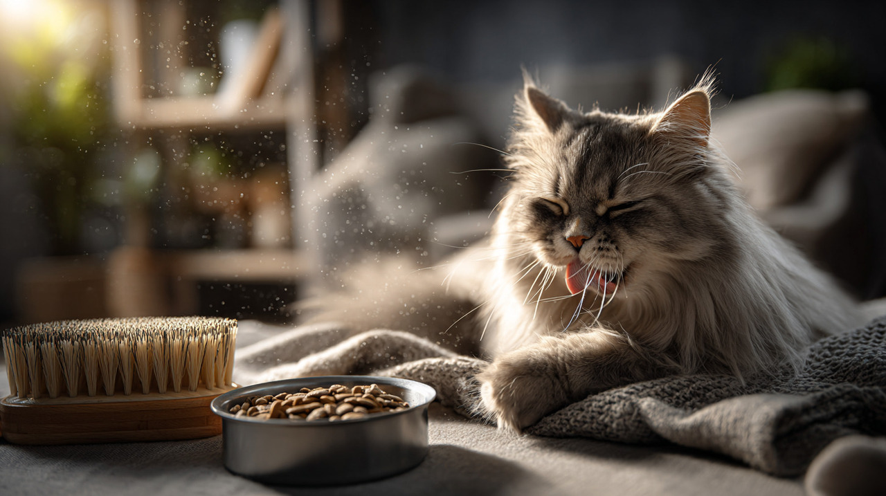 Durante a rotina de autolimpeza, utilizando a língua áspera, o felino remove objetos e pelos soltos distribuídos pela pelagem