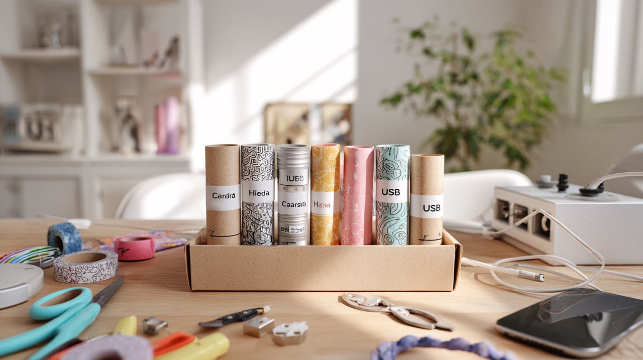 O organizador de cabos feito com rolos de papel higiênico consiste em utilizar cada tubo como compartimento individual para fios e carregadores