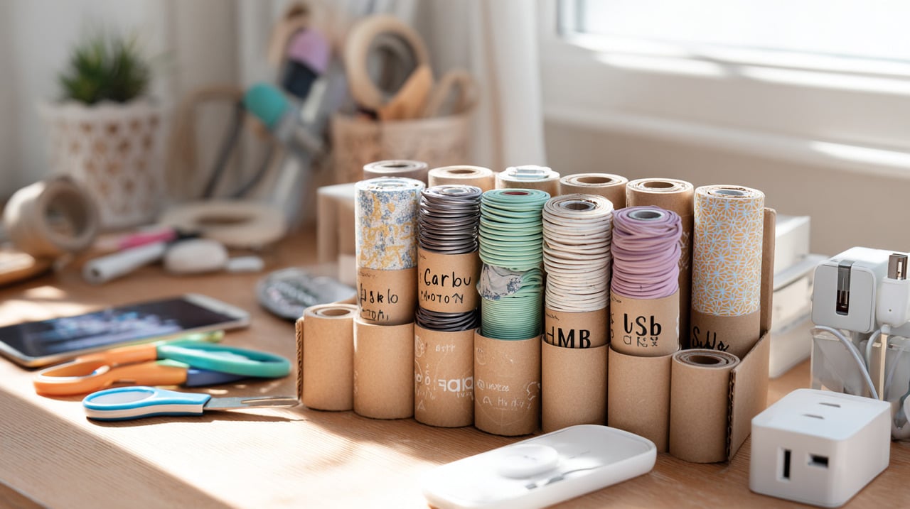 O organizador de cabos feito com rolos de papel higiênico consiste em utilizar cada tubo como compartimento individual para fios e carregadores