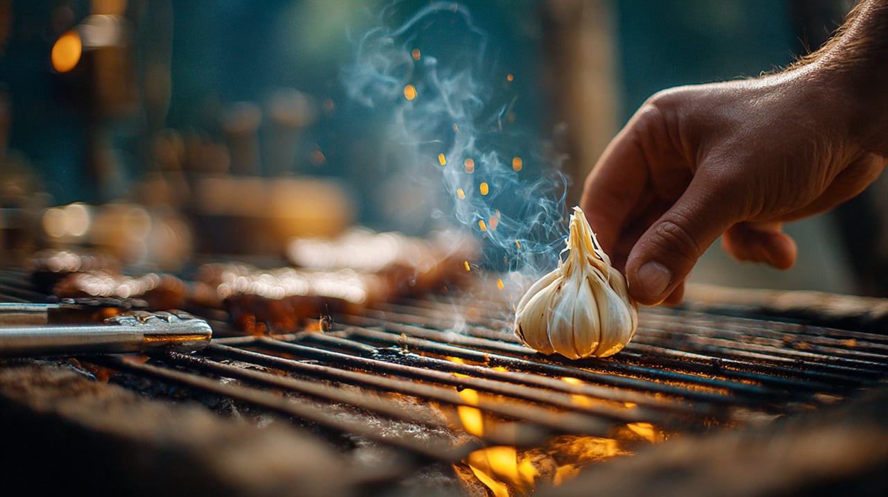 Quando o alho entra em contato com o metal aquecido da grelha, seus compostos naturais criam uma película fina que diminui a aderência da carne à superfície