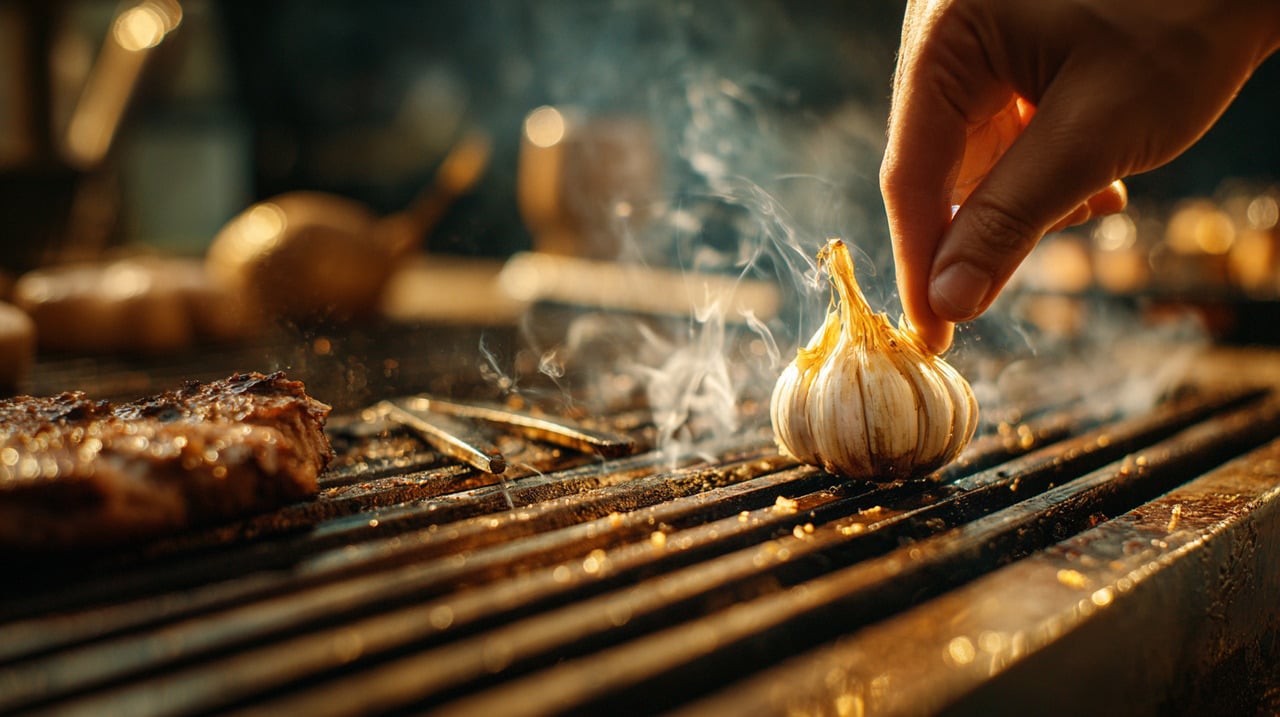 Quando o alho entra em contato com o metal aquecido da grelha, seus compostos naturais criam uma película fina que diminui a aderência da carne à superfície