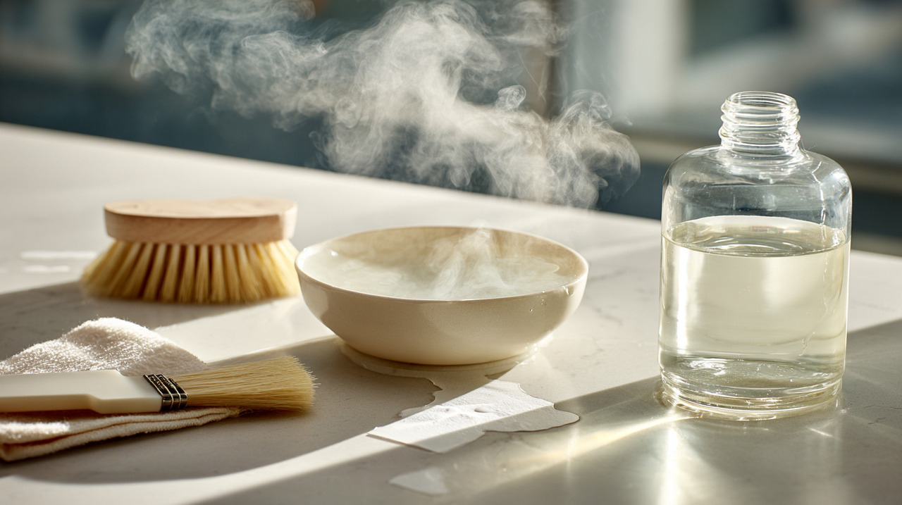 O vinagre branco, amplamente utilizado na rotina doméstica, contém ácido acético, elemento responsável pela sua ação sobre resíduos de tinta