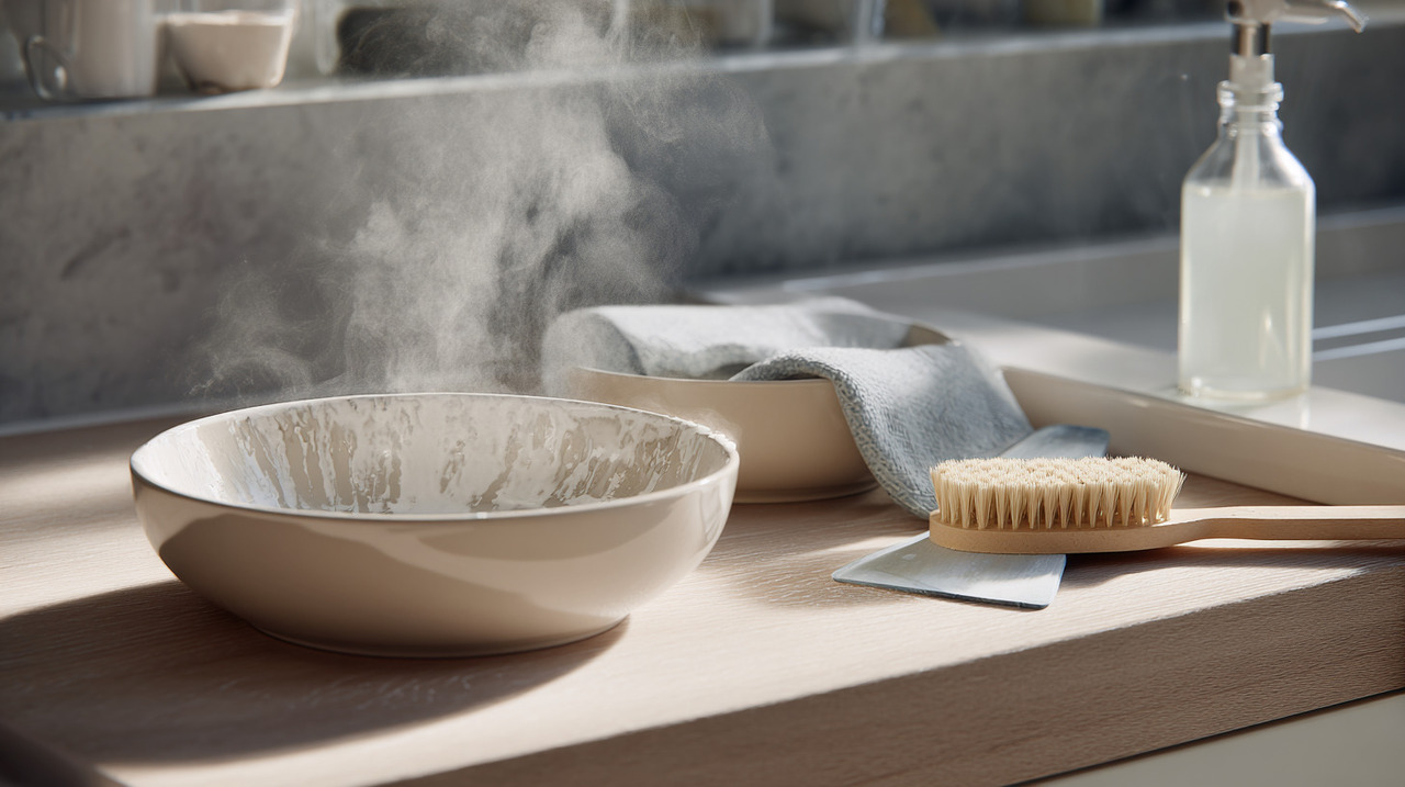 O vinagre branco, amplamente utilizado na rotina doméstica, contém ácido acético, elemento responsável pela sua ação sobre resíduos de tinta