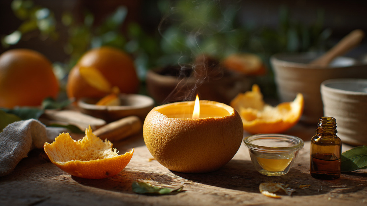 Utilizar a casca de laranja como suporte para velas representa um exemplo prático de reutilização de resíduos orgânicos