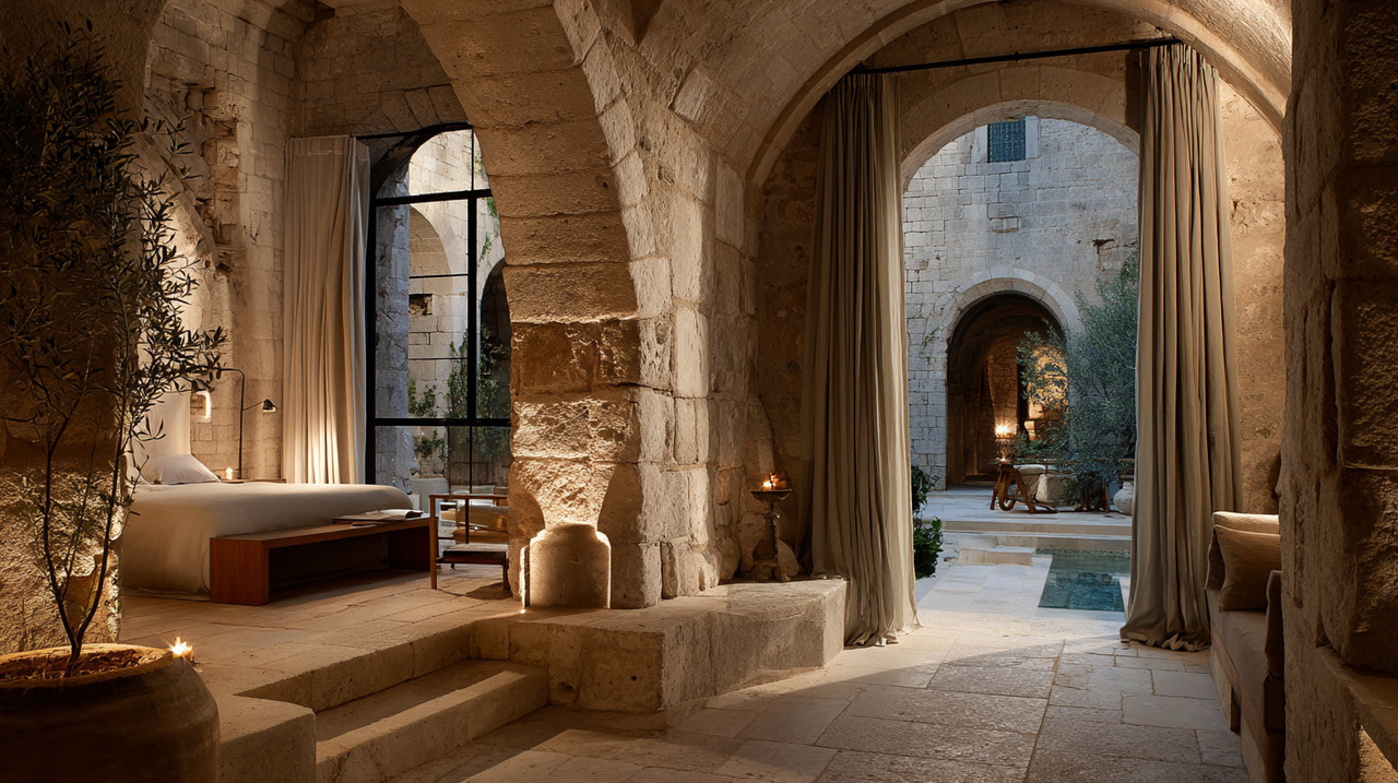 Foi adotada uma intervenção discreta, que não confronta o edifício antigo, mas se harmoniza com ele