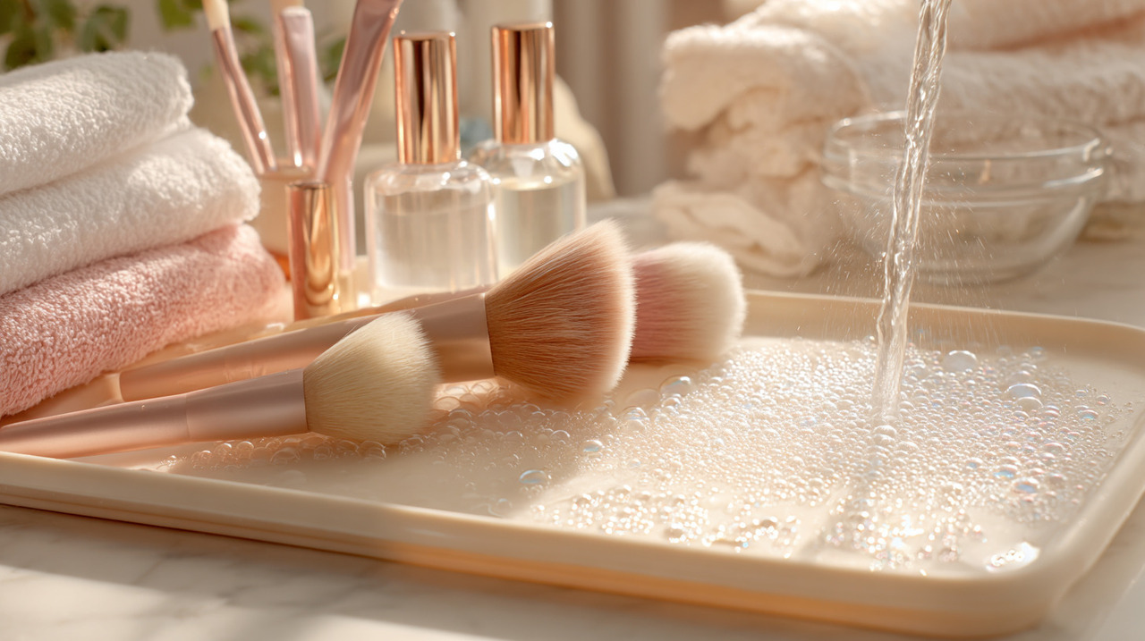 Um truque eficaz e simples para limpar pincéis de maquiagem envolve o uso de shampoo de bebê ou limpador facial suave com água morna