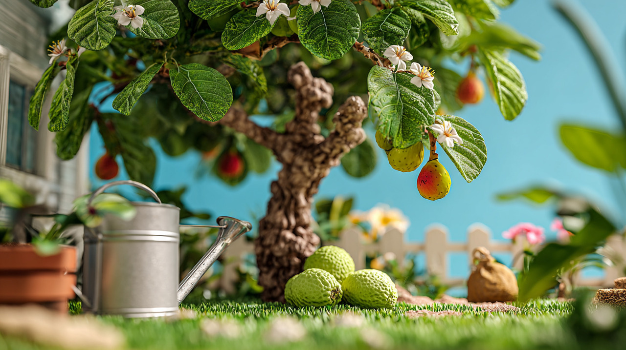 A goiabeira é uma árvore de porte médio, com copa ampla e folhas perenes