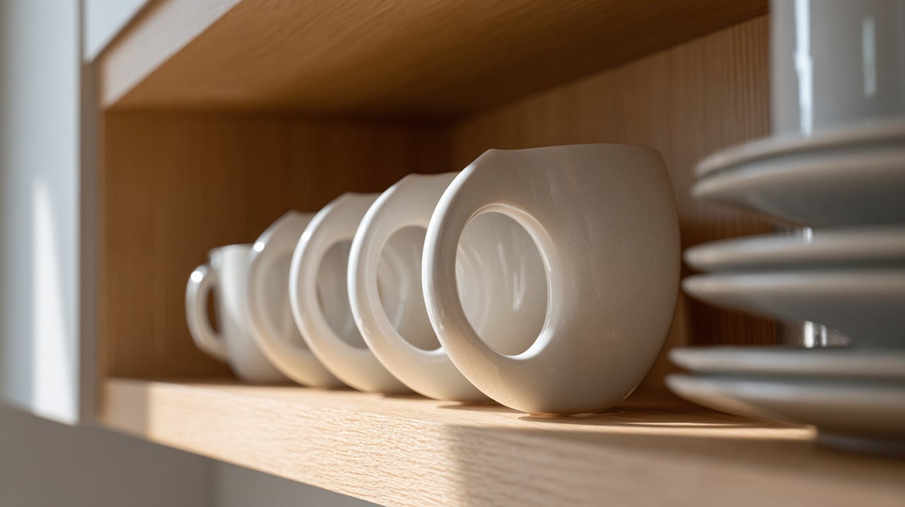 A técnica consiste em posicionar as xícaras de forma circular, encaixando a alça de uma dentro da outra