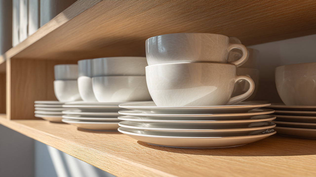 A técnica consiste em posicionar as xícaras de forma circular, encaixando a alça de uma dentro da outra