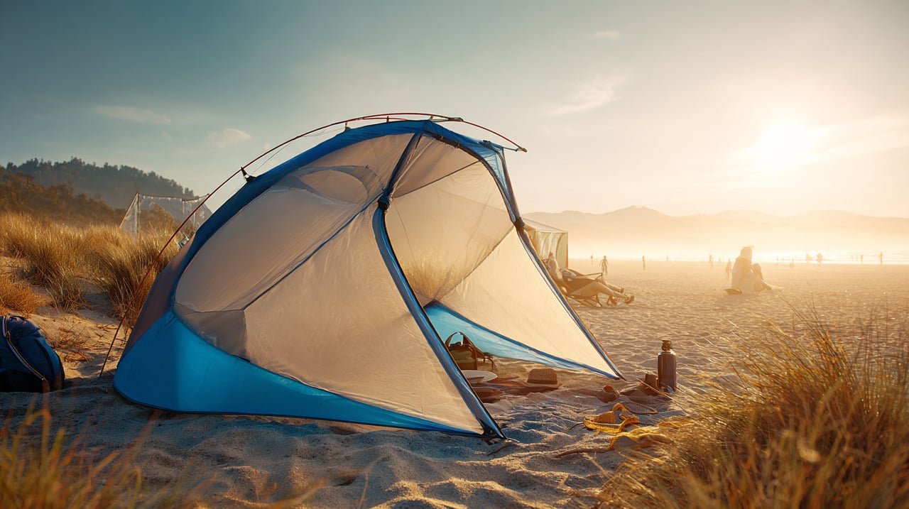 Uma carpa automática é montada com mecanismos de abertura rápida, geralmente acionados com apenas um movimento