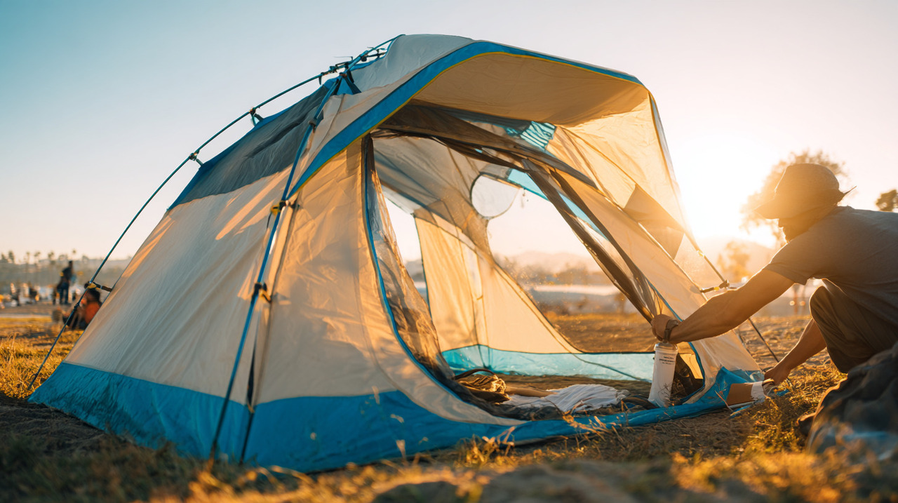Uma carpa automática é montada com mecanismos de abertura rápida, geralmente acionados com apenas um movimento