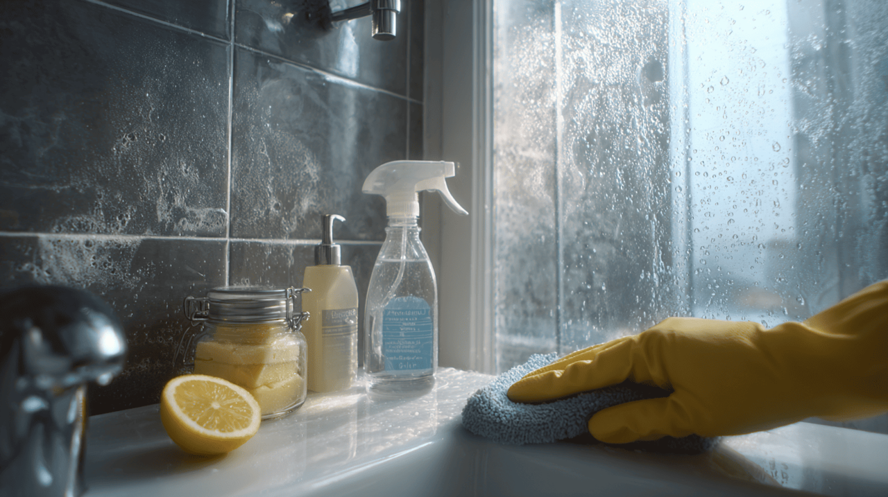 As manchas no vidro do box surgem principalmente devido ao acúmulo de minerais presentes na água, especialmente cálcio e magnésio