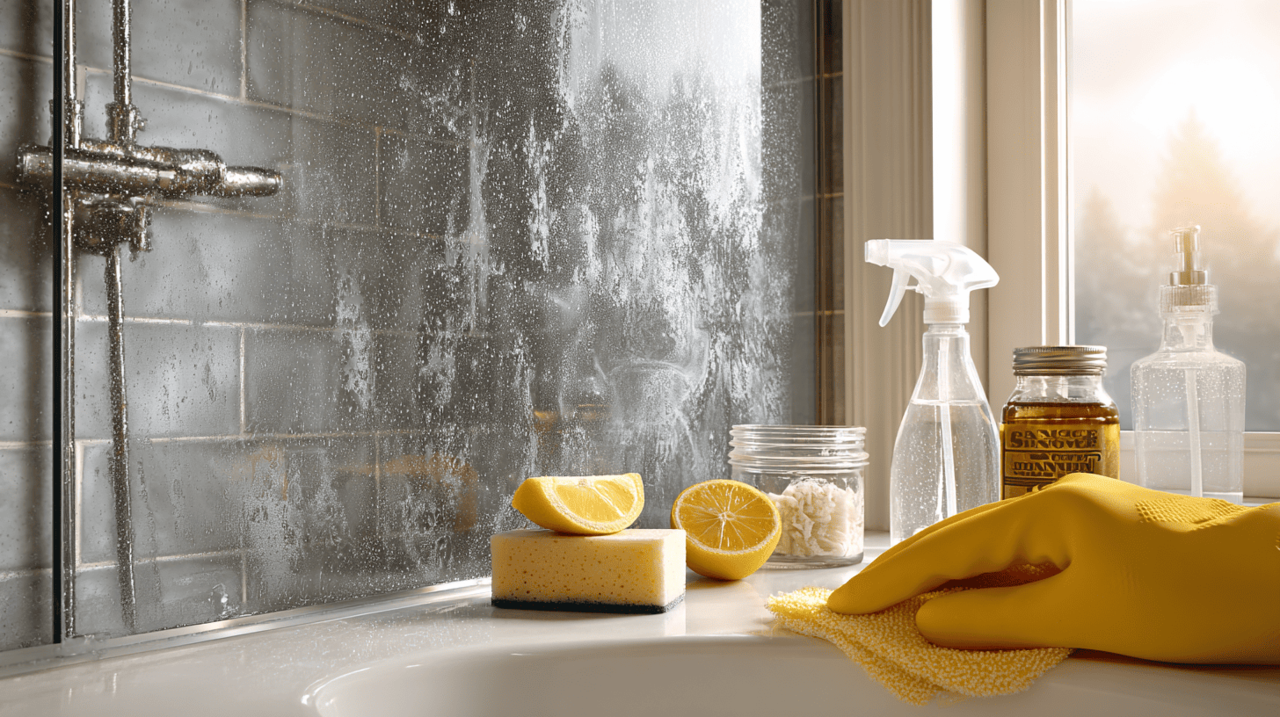 As manchas no vidro do box surgem principalmente devido ao acúmulo de minerais presentes na água, especialmente cálcio e magnésio