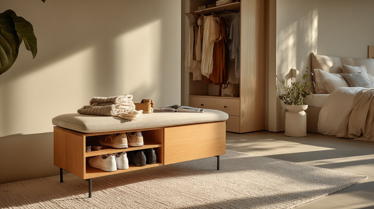 Esse tipo de banco vai além de um simples assento — ele oferece espaços para guardar sapatos, acessórios ou peças de roupa que antes ficavam à vista