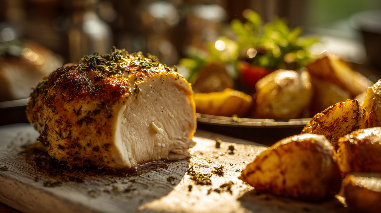 O primeiro passo é limpar e cortar o peito de frango ao meio, para obter peças mais finas e fáceis de modelar