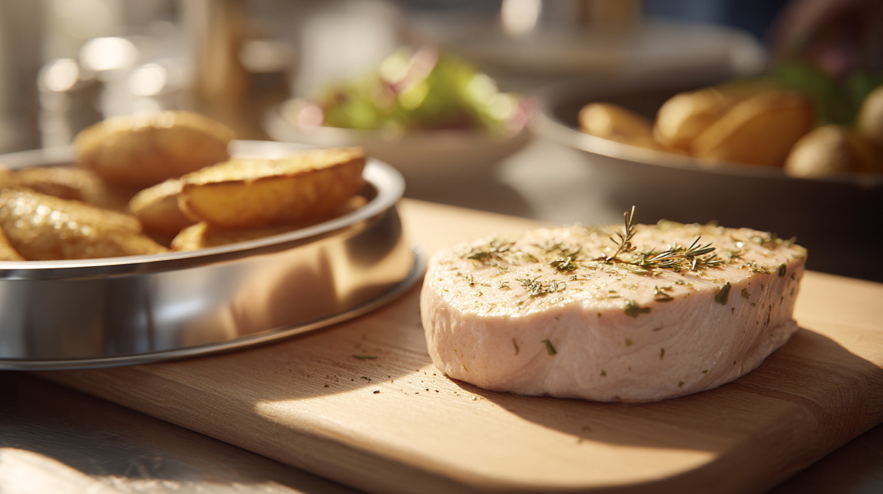 O primeiro passo é limpar e cortar o peito de frango ao meio, para obter peças mais finas e fáceis de modelar