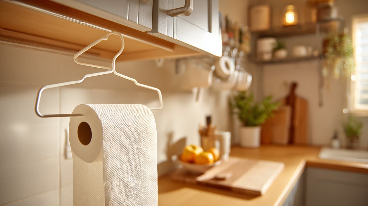 Um truque inteligente transforma um cabide plástico comum em suporte funcional para papel toalha