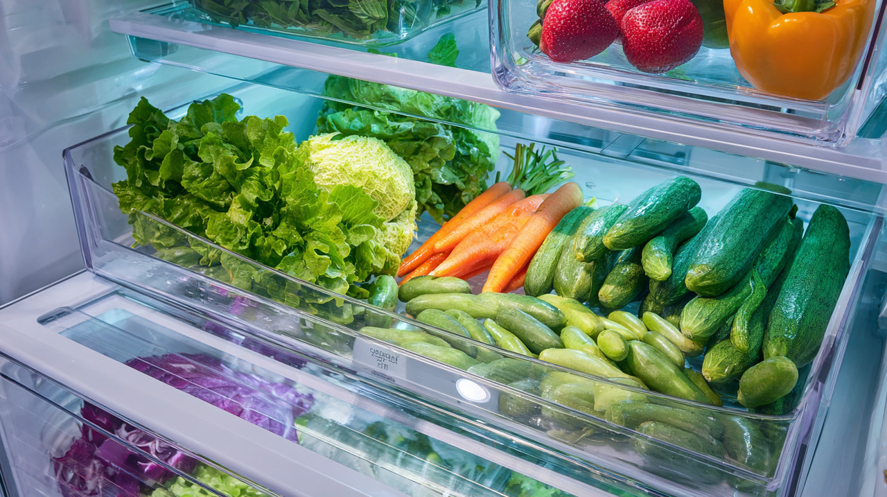 Ao contrário das prateleiras superiores, a gavetinha extra foi projetada especificamente para armazenar alimentos que exigem controle de umidade