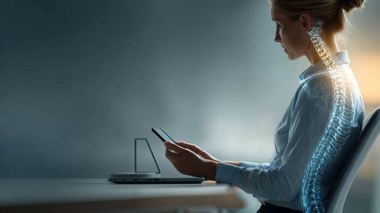 Permanecer longos períodos com a cabeça inclinada em direção à tela aumenta a carga sobre a musculatura do pescoço