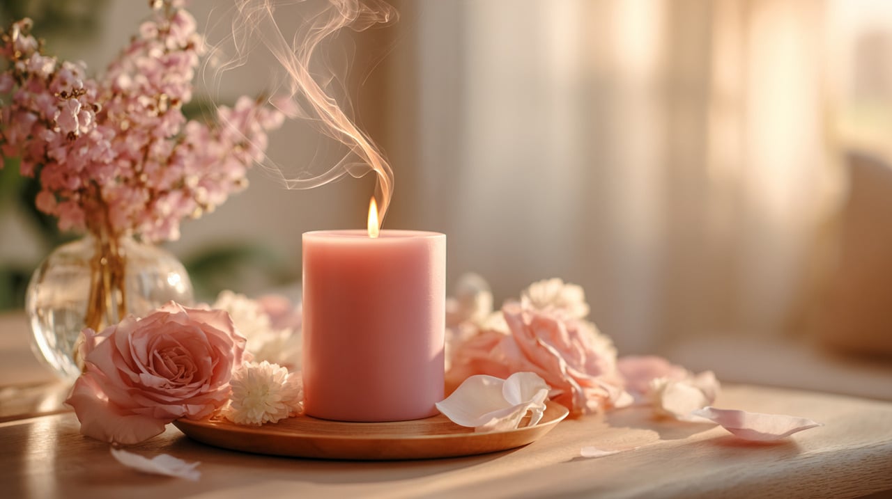 A escolha da cor rosa para a vela está relacionada ao simbolismo cultural atribuído à suavidade, paz e autoestima