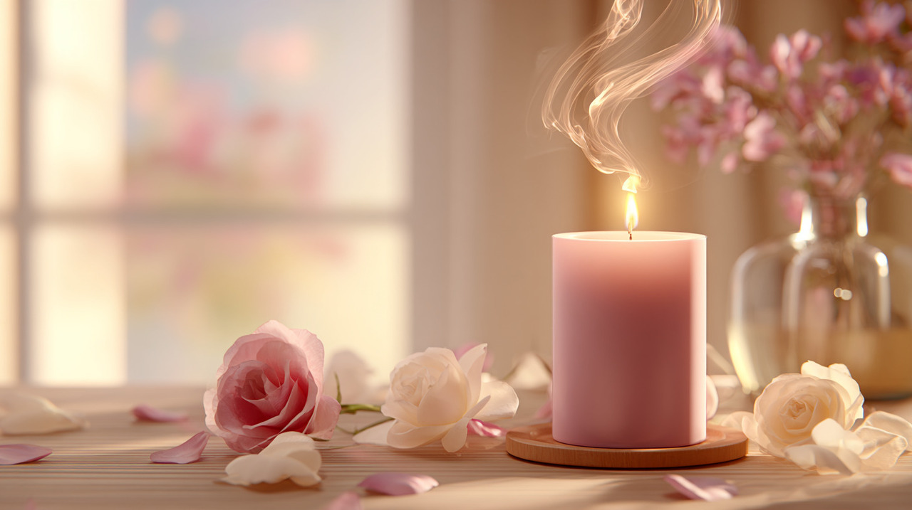 A escolha da cor rosa para a vela está relacionada ao simbolismo cultural atribuído à suavidade, paz e autoestima