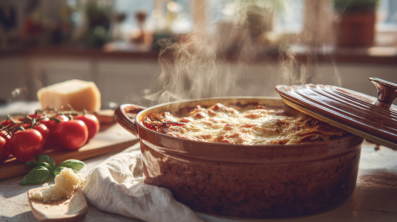 Os componentes são simples e semelhantes aos da lasanha tradicional, mas adaptados para cozinhar em uma panela só