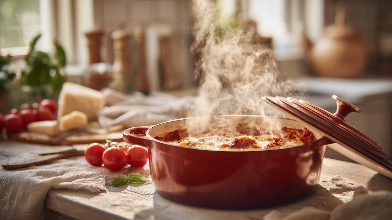 Os componentes são simples e semelhantes aos da lasanha tradicional, mas adaptados para cozinhar em uma panela só