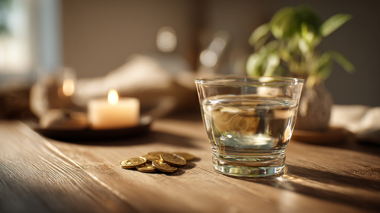 A simpatia da água e três moedas consiste em realizar um ritual utilizando itens do cotidiano, como um copo transparente