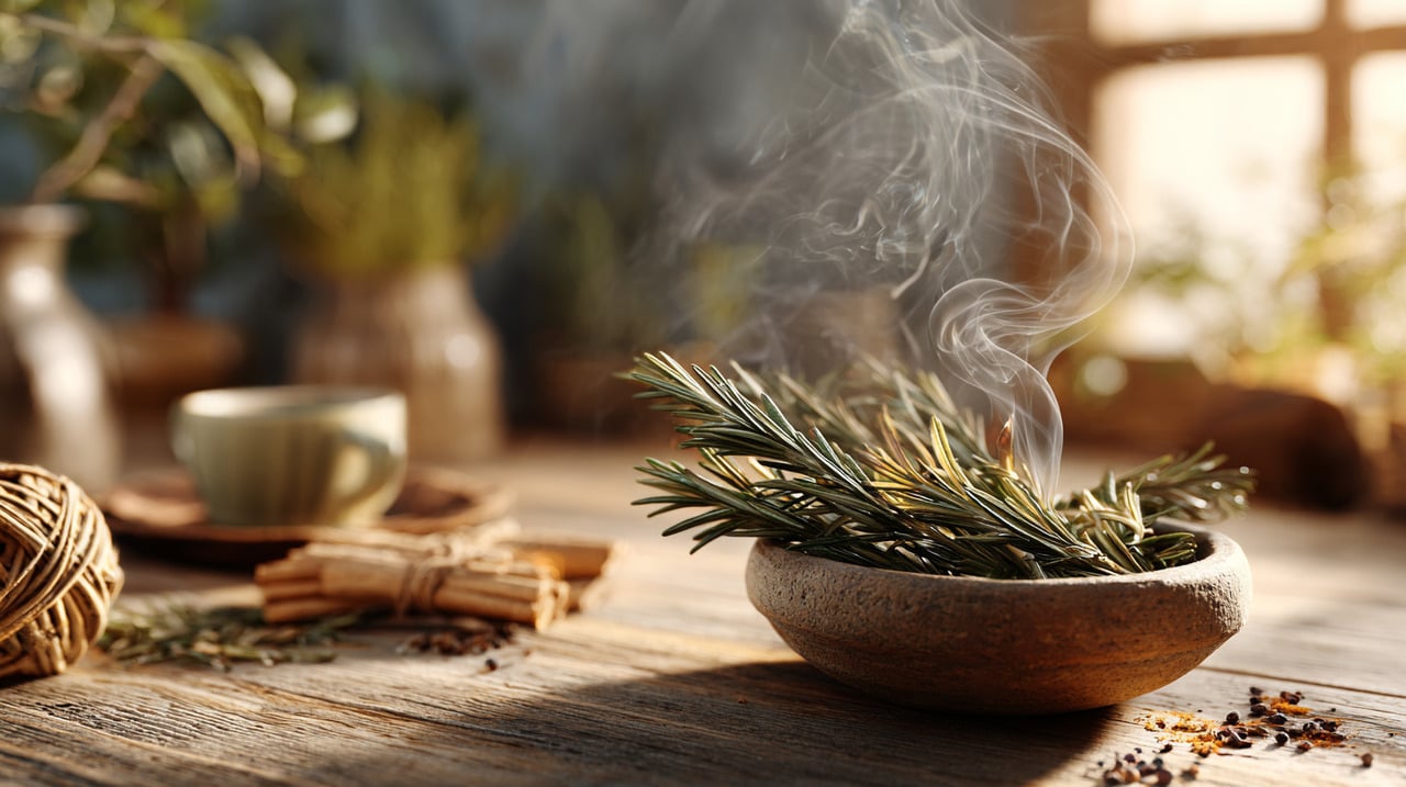 O cheiro intenso e levemente amargo da fumaça do alecrim atua como repelente natural, afastando mosquitos, moscas e pequenas mariposas