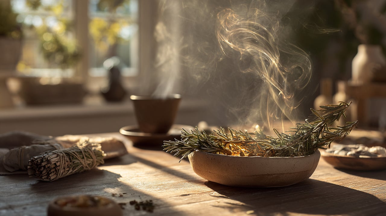 O cheiro intenso e levemente amargo da fumaça do alecrim atua como repelente natural, afastando mosquitos, moscas e pequenas mariposas