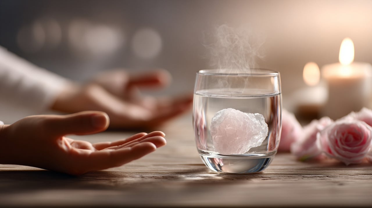 O processo envolve utilizar uma pedra de quartzo rosa previamente higienizada e limpá-la energeticamente