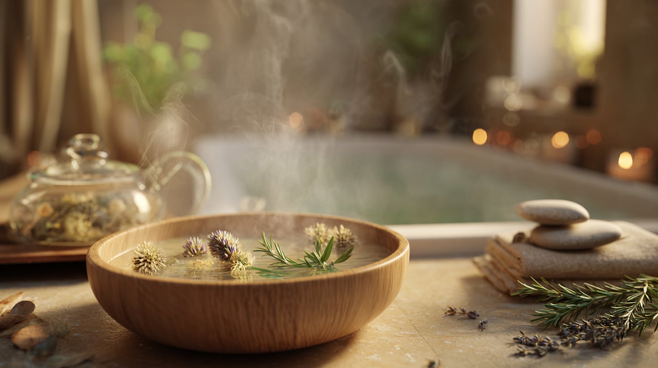 O chá de banho consiste na infusão de ervas e flores naturais em água quente, destinada não para ingestão, mas para aplicação corporal durante o banho