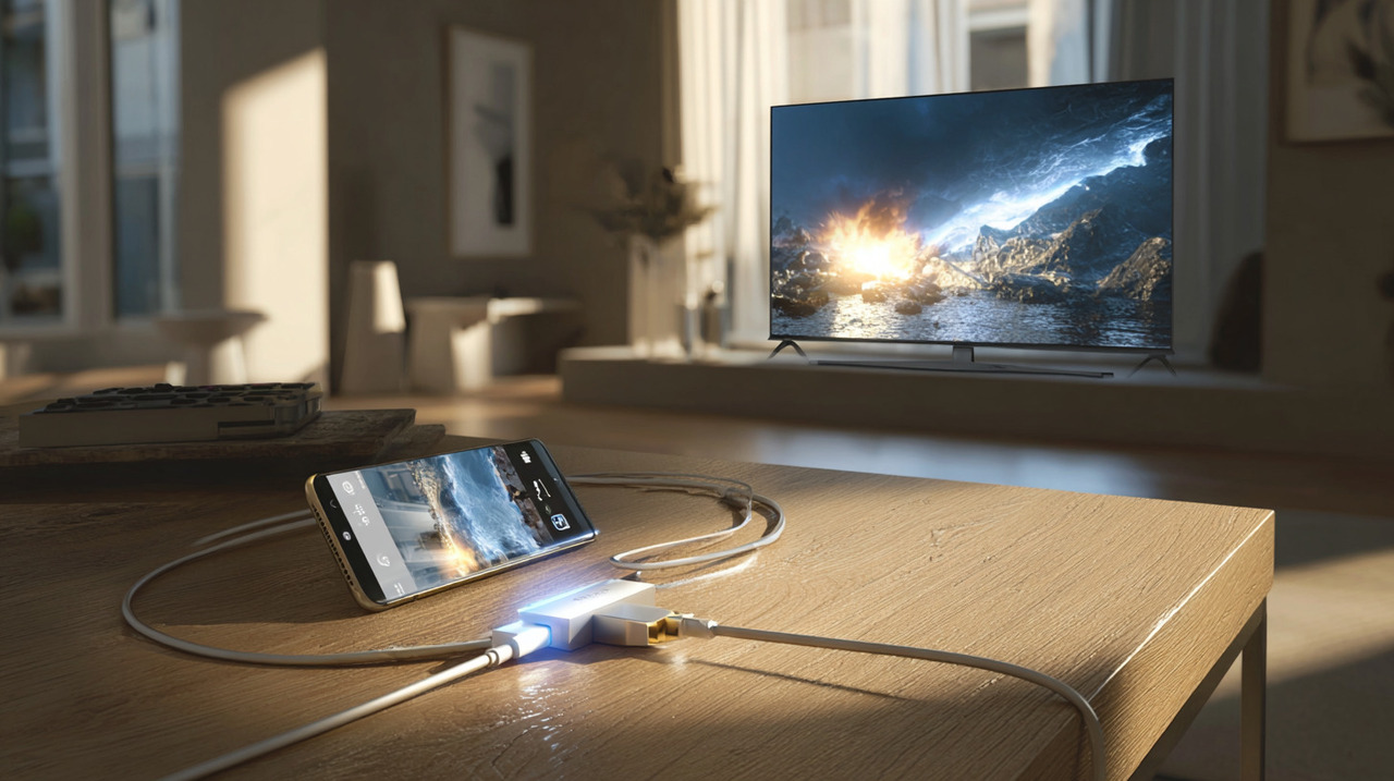 Como a maioria dos celulares não possui saída HDMI direta, é preciso usar um adaptador compatível