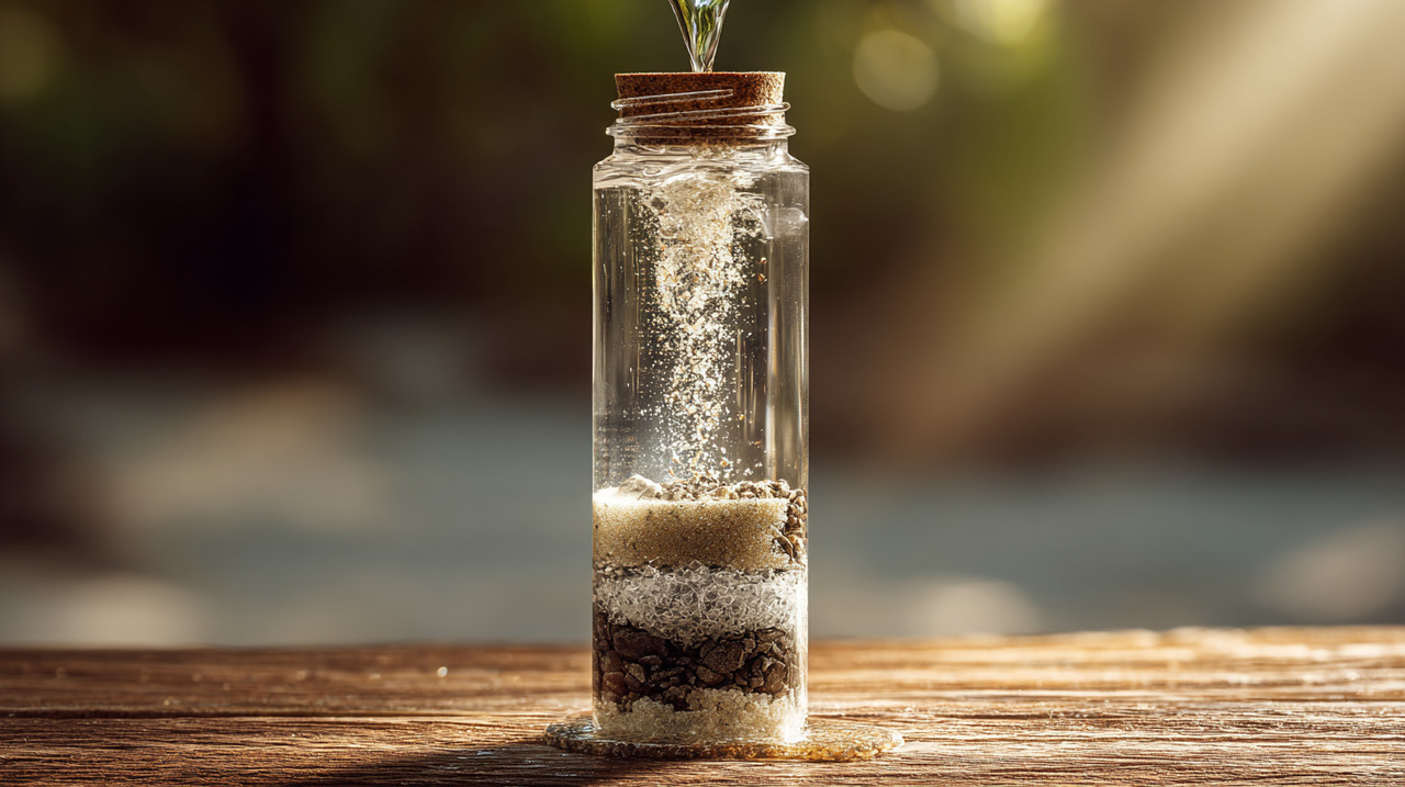 O filtro de água com garrafa PET refere-se ao reaproveitamento de uma garrafa plástica transparente