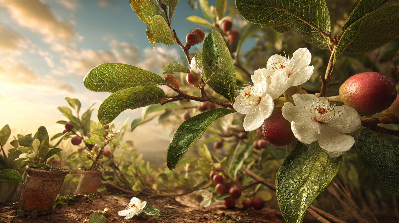 A goiabeira é uma árvore de porte médio, com altura entre 3 e 6 metros