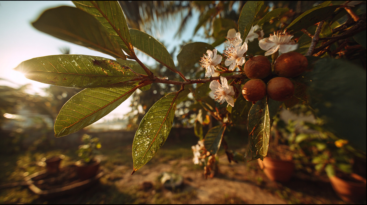 A goiabeira é uma árvore de porte médio, com altura entre 3 e 6 metros