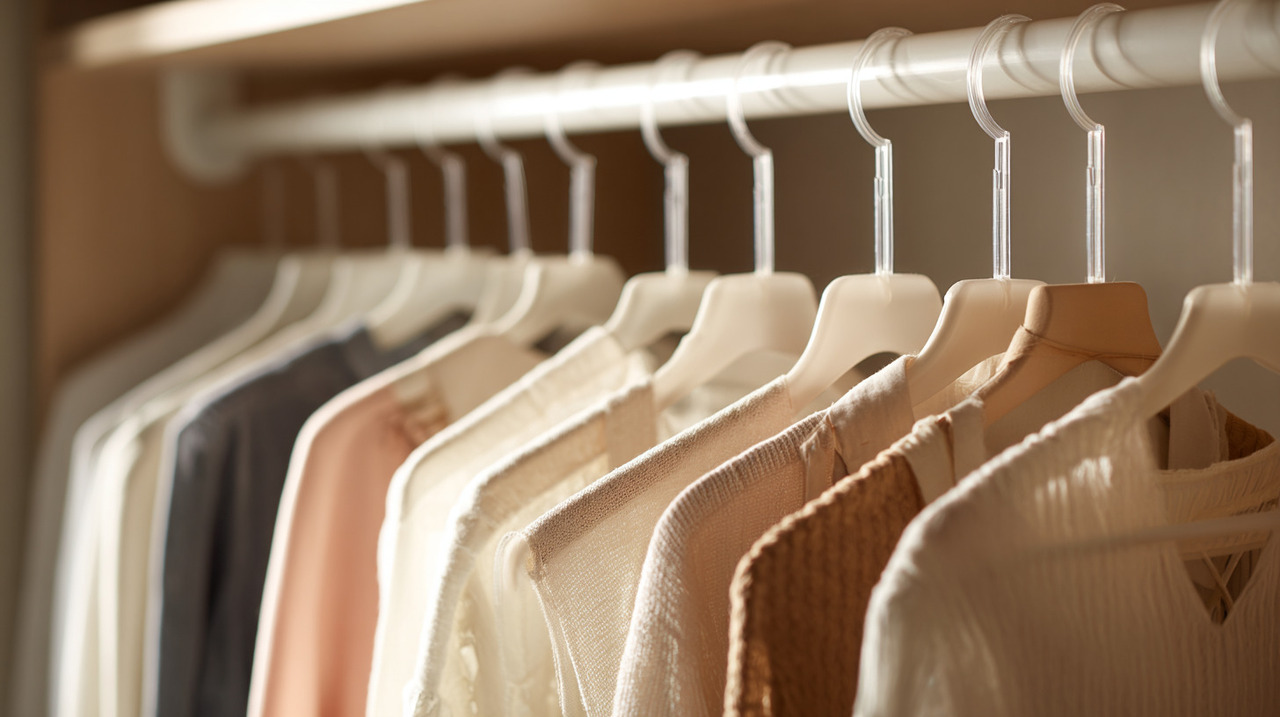 O sistema consiste em fixar abraçadeiras plásticas no gancho superior de cada cabide criando uma alça resistente