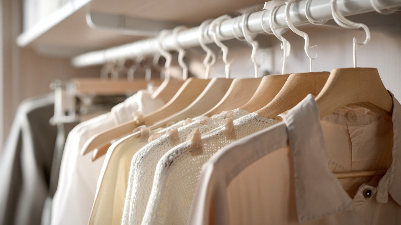 O sistema consiste em fixar abraçadeiras plásticas no gancho superior de cada cabide criando uma alça resistente