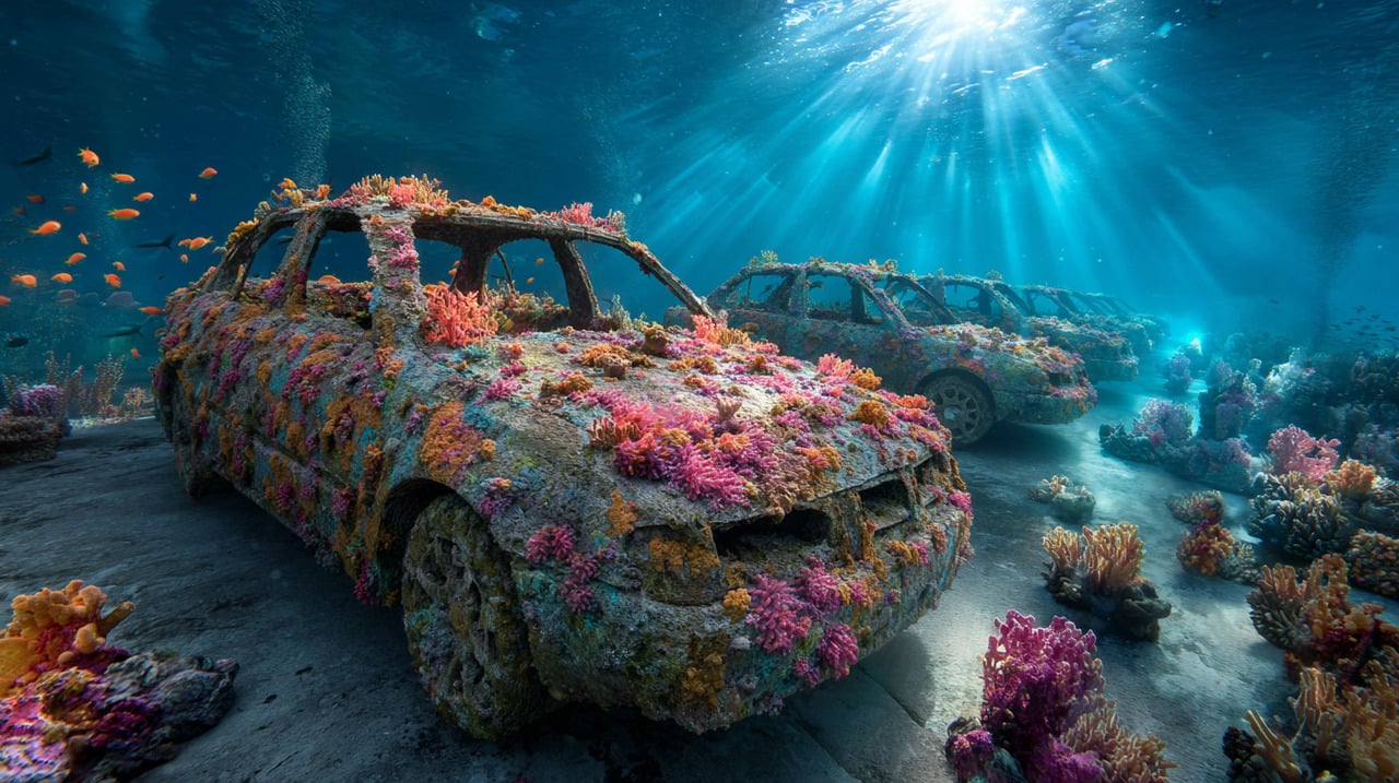 Os veículos de concreto fazem parte do projeto The ReefLine, que busca fortalecer os recifes locais e ampliar a biodiversidade marinha