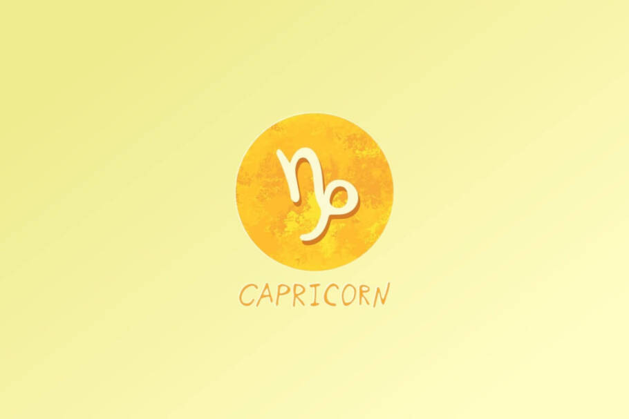 Ilustração do signo de Capricórnio, com um símbolo estilizado que remete à letra "n" seguida de uma espiral, em fundo amarelo
