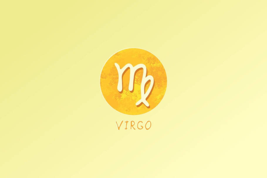 Ilustração do signo de Virgem, com uma letra "m" estilizada com um laço fechado na parte final, em fundo amarelo